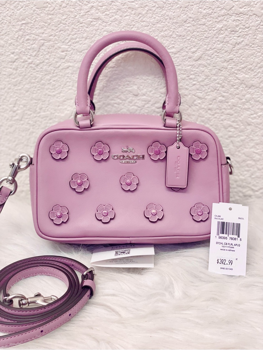 NWT COACH CAJ99 Satchel Crossbody Bag Floral Applique Smooth Leather Lilac